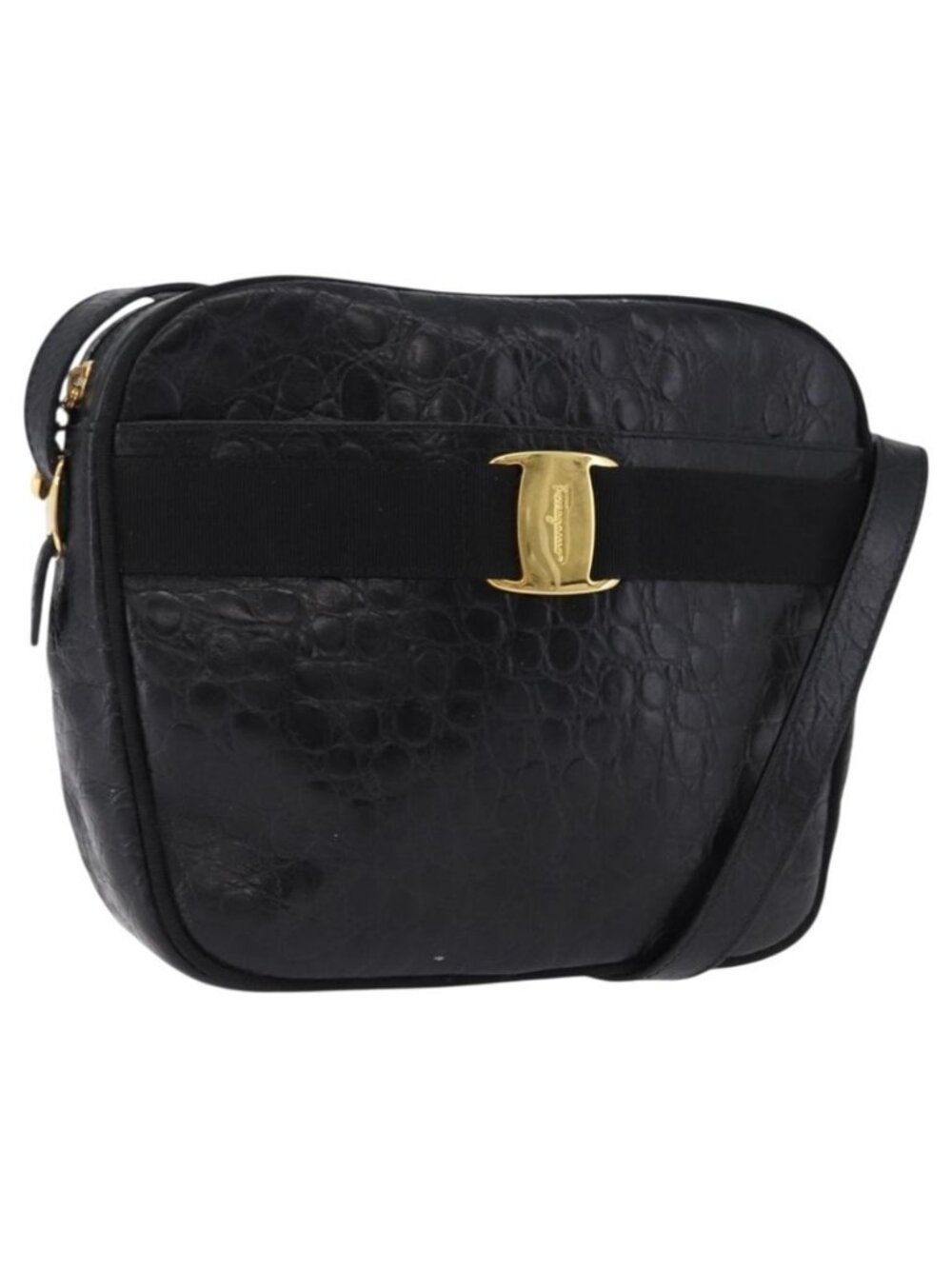 Authentic Salvatore Ferragamo Vala Shoulder Bag Leather Embossed Black Gold